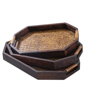 Brown Wooden Set of 3 Nesting Serving Trays